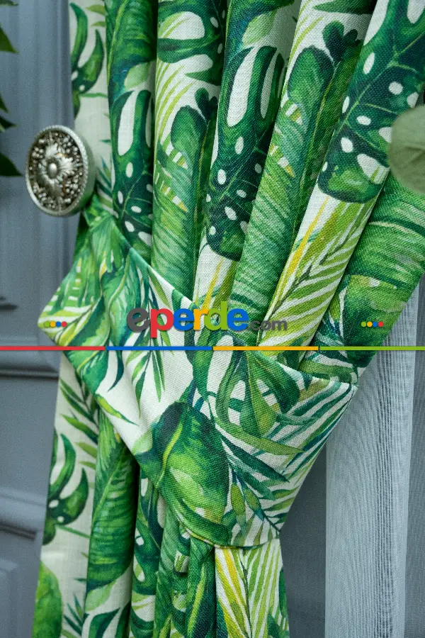 Yaprak Desenli Fon Perde Kumaşı Kalındır Duck Bezi Değildir- Yeşil-Beyaz-Açık Yeşil