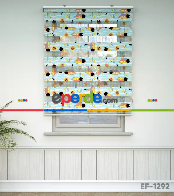 Bebek Odası Zebra Perde - Denizci Desen Baskılı Zebra Perde- Mavi-Sarı-Beyaz