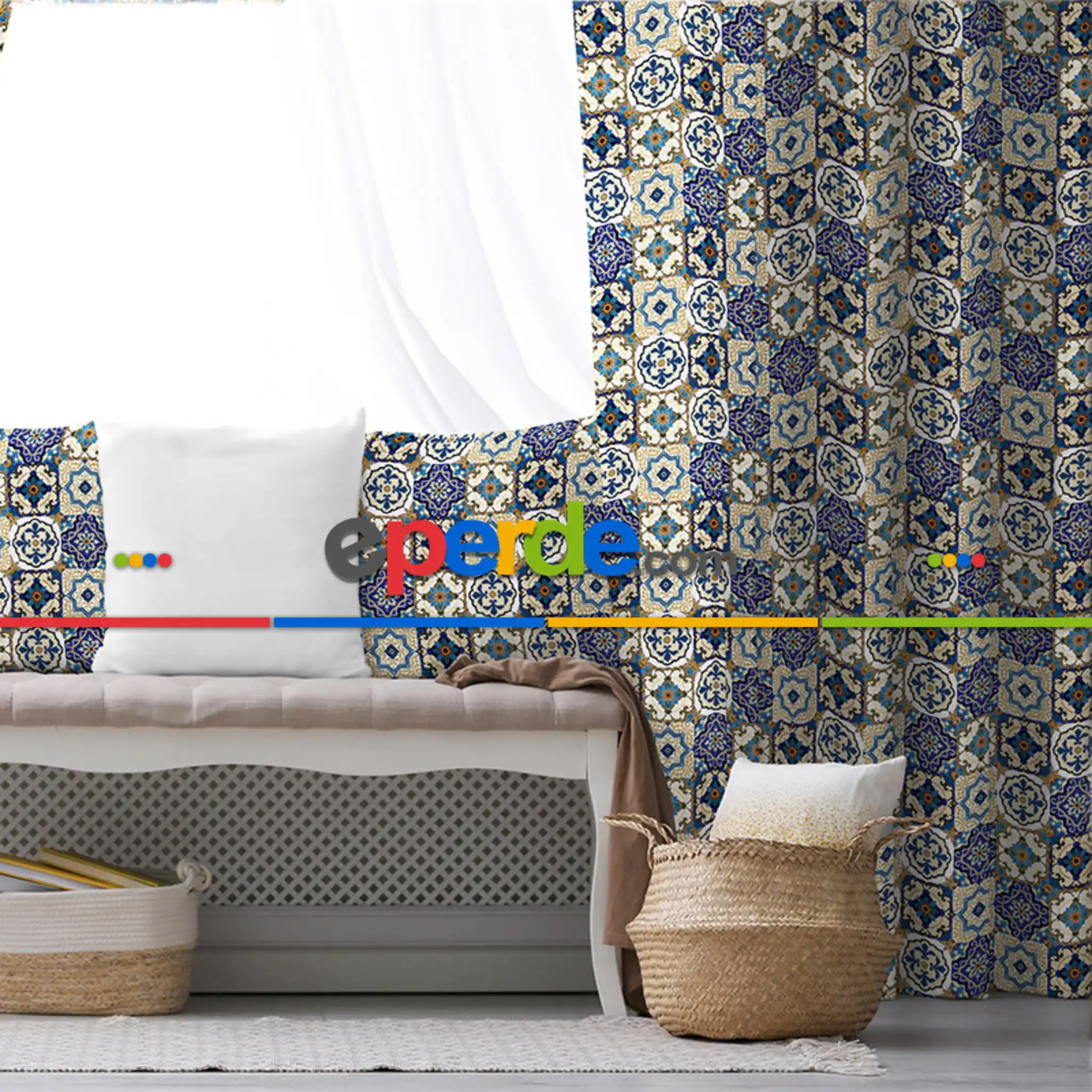 Etnik Mavi Desenli Fon Perde Evim400 Kumaşı Kalındır Duck Bezi Değildir- Mavi-beyaz