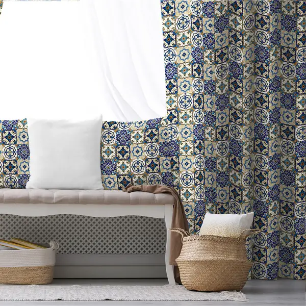 Etnik Mavi Desenli Fon Perde Evim400 Kumaşı Kalındır Duck Bezi Değildir- Mavi-beyaz