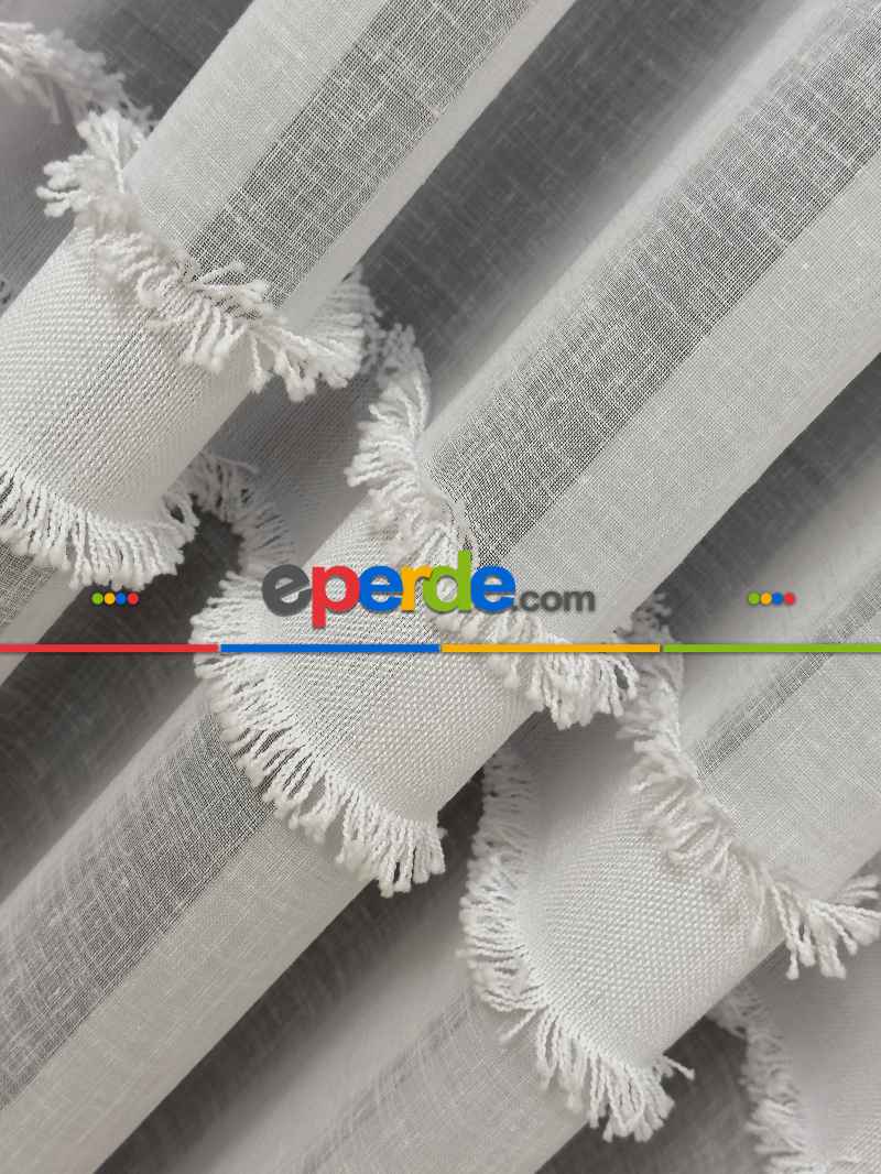 Yeni Trend Saçaklı Bantlı Keten Tül Perde Ekru Ve Gri Renk Seçenekleri