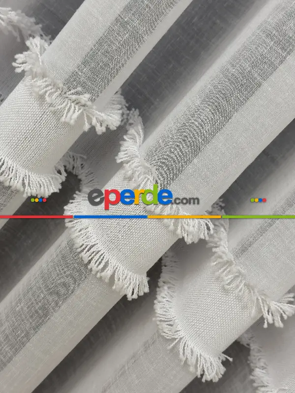 Salon Tül Perde - Yeni Trend Saçaklı Bantlı Keten Tül Perde Ekru Ve Gri Renk Seçenekleri