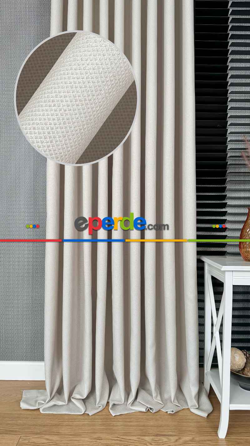 Bej Düz Jakar Dokuma S Pile Fon Perde, Premium Kalite Serisi Hasır Doku Fon Perde