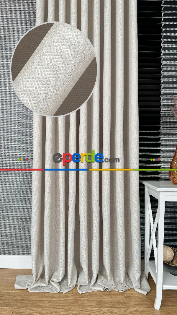 Bej Düz Jakar Dokuma S Pile Fon Perde, Premium Kalite Serisi Hasır Doku Fon Perde
