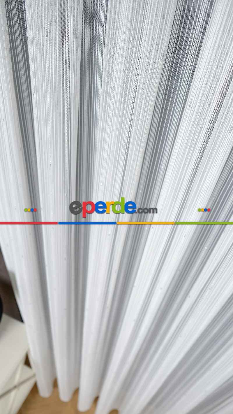 Ekru Zincir Çizgilli Gümüş Simli Tül Perde