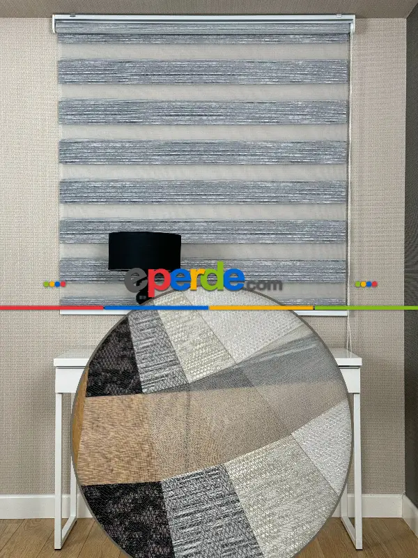 Salon Gri Jakar Dokuma Zebra Perde, Standart Metal Kasalı Yüksek Kalite Kornişe Kolay Montaj Seçenekli