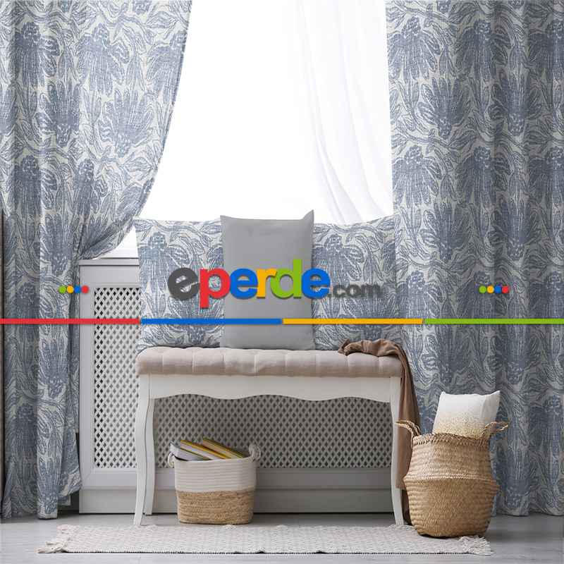 Salon Fon Perde Evim1607 Kumaşı Kalındır Duck Bezi Değildir- Mavi-beyaz