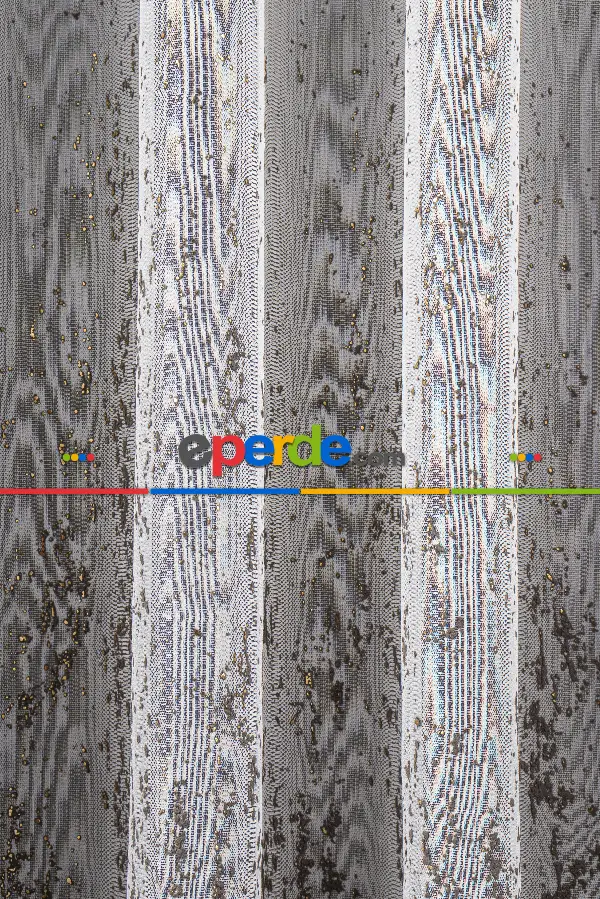 Salon - Altın/gümüş Etek Patine Desenli Tül Perde - Armür Dokuma Keten Efektli Zemin