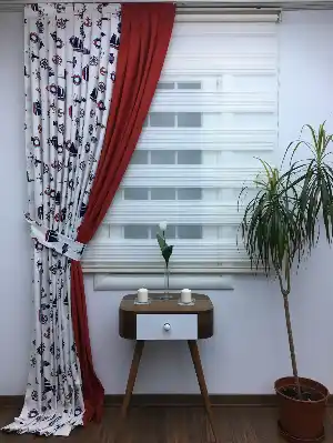 Çapa Denizci Desenli Fon Perde-düz Ve Desenli Kombin ( Leke Tutmaz )- Lacivert-Kırmızı