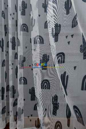 Hazır Ölçülü Petek Zemin Koyu Lacivert Renkli Kaktüs Desenli Grek Baskılı Tül Perde