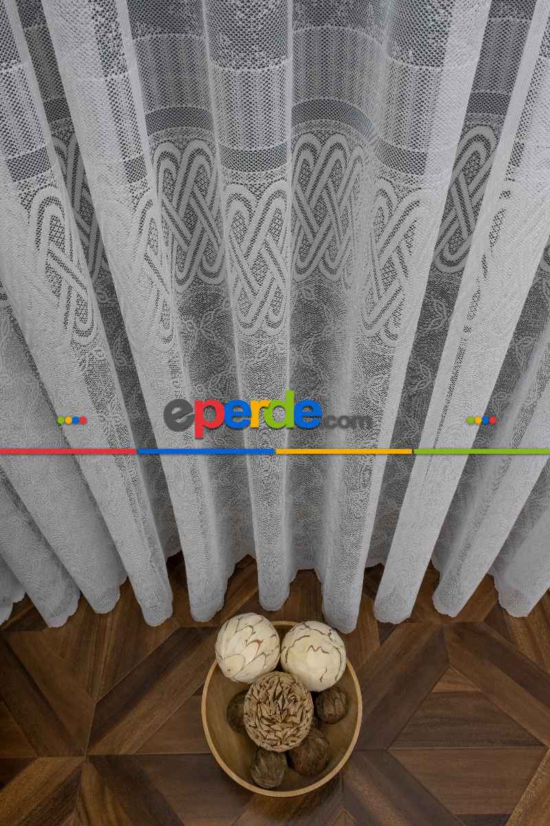 Eteği Bantlı Örme Tül - Ekru Renk Yüksek Kalite