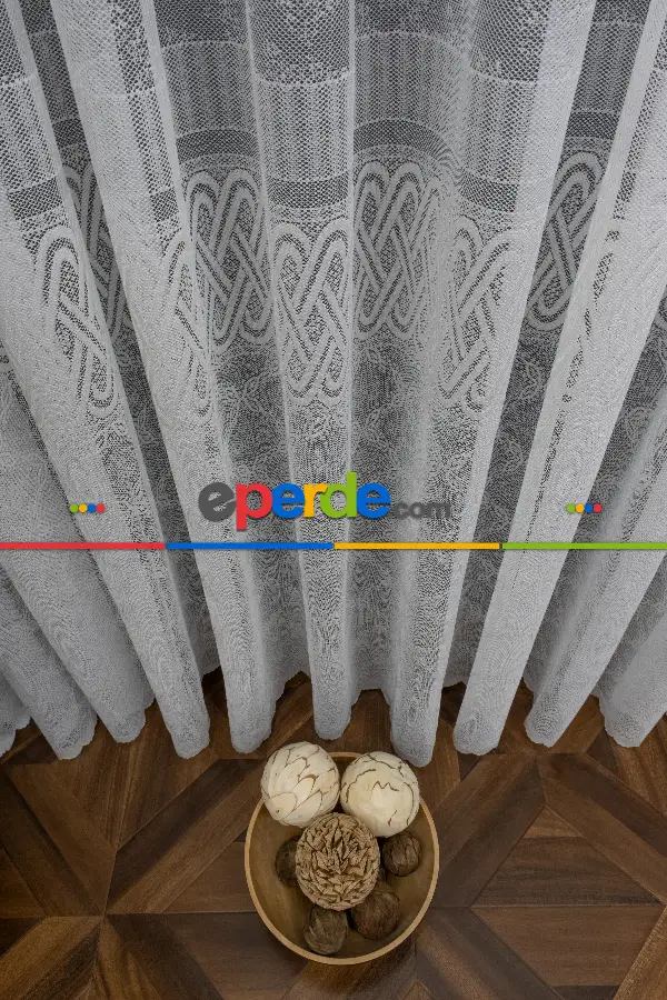 Eteği Bantlı Örme Tül - Ekru Renk Yüksek Kalite