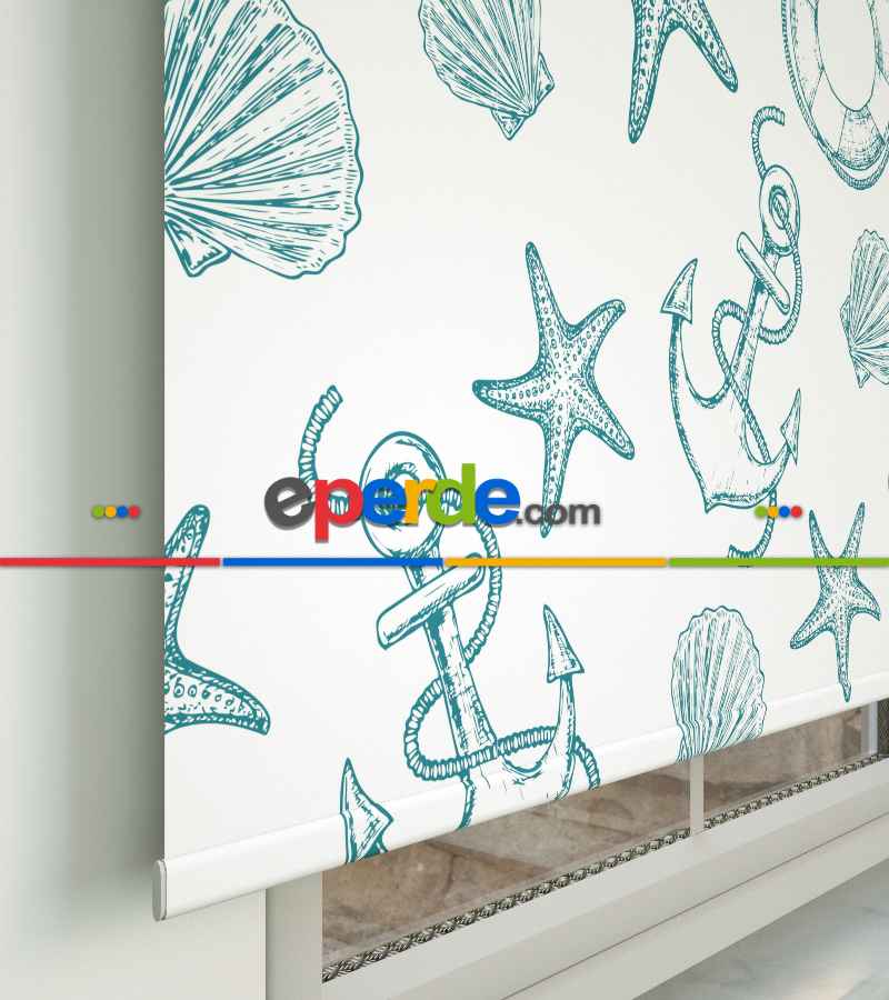 Bebek Odası Stor Perde - Denizci Desenli Baskılı Stor Perde- Yeşil-Ekru