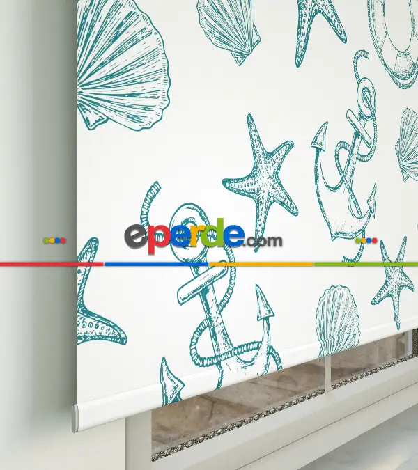 Denizci Desenli Baskılı Stor Perde- Yeşil-ekru