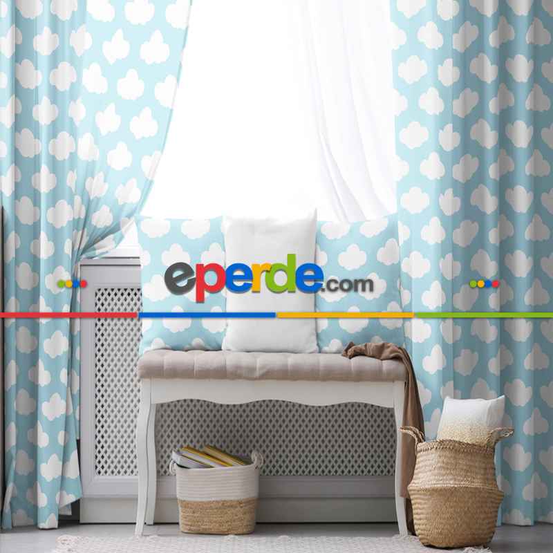 Bebek Bulut Desenli Fon Perde Evim 484-2 Kumaşı Kalındır Duck Bezi Değildir- Mavi-beyaz