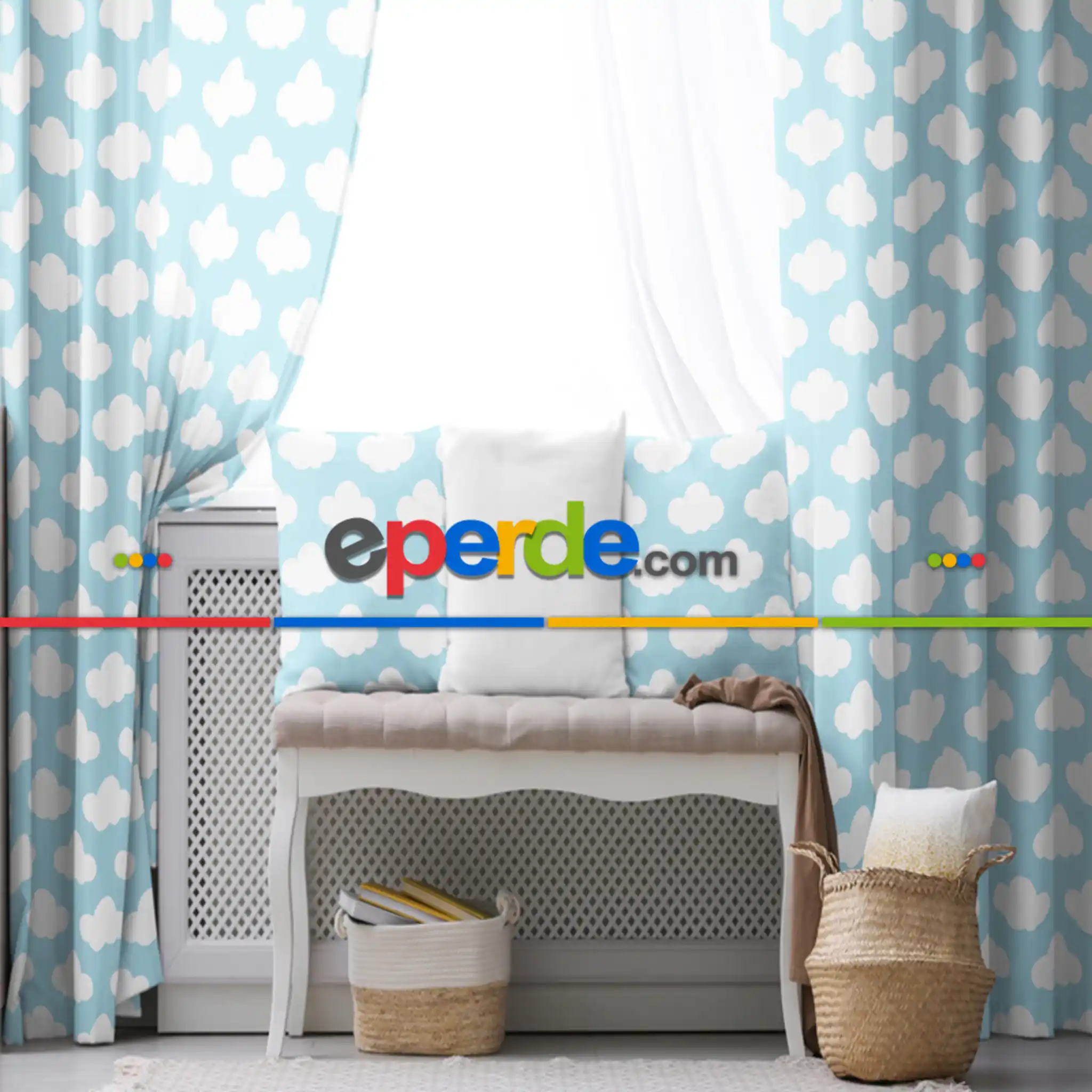 Çocuk Odası - Bebek Bulut Desenli Fon Perde Evim 484-2 Kumaşı Kalındır Duck Bezi Değildir- Mavi-beyaz