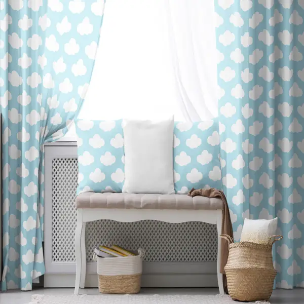 Çocuk Odası - Bebek Bulut Desenli Fon Perde Evim 484-2 Kumaşı Kalındır Duck Bezi Değildir- Mavi-beyaz