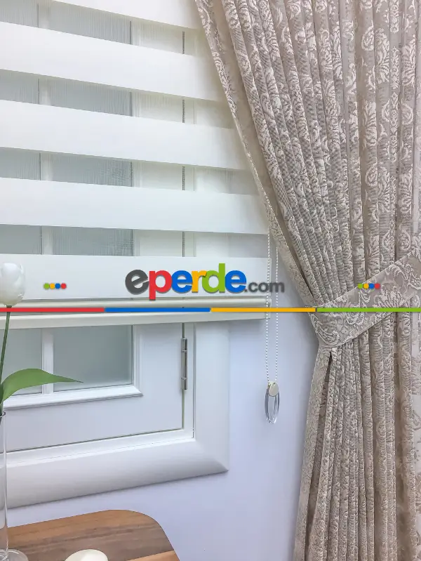 Dantel Damask Desen Tül Fon Perde - Bej- Bej