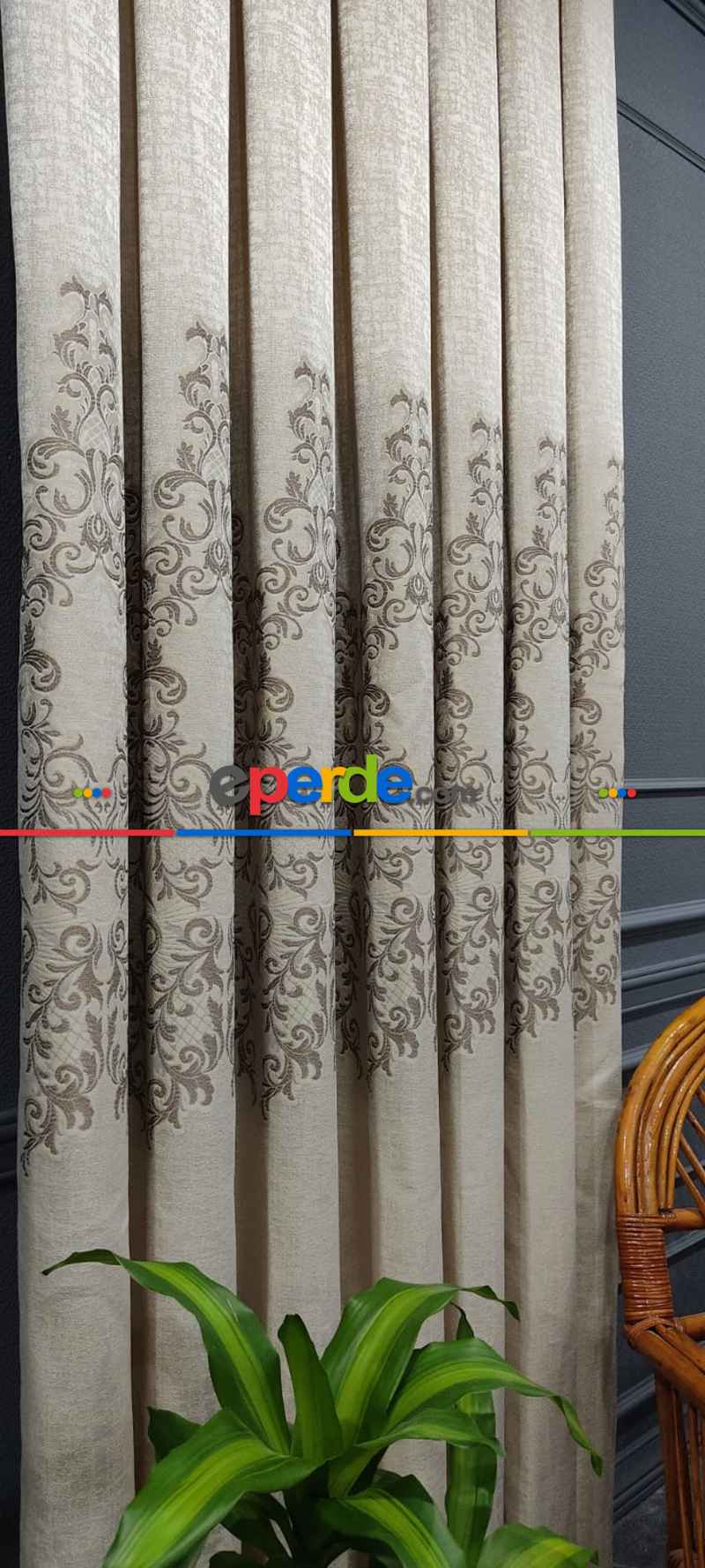 Salon Fon Perde - Damask Desenli, Krem - Kahverengi, Dokuma Fon Perde, Adet Fiyatıdır, Bordürlü Fon Perde - İstediğiniz Boy Ölçüsünde Dikilir - 50 İla 100cm, Sık Pile Eninde Seçenekli 50cm X 1cm 