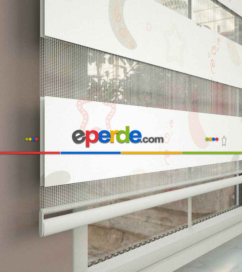 Yıldız Desenli Baskılı Zebra Perde- Çok Renkli