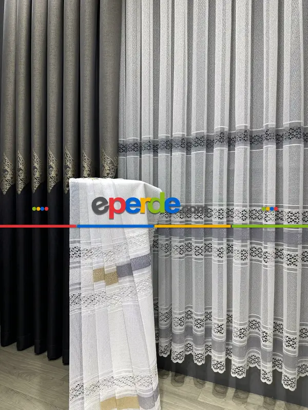 Örme Tül Perde - Etek Ucu Desenli ve Bantlı Tül - Ekru/Gri/Altın/Gold/Beyaz