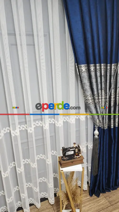 Gri Parlamanet Mavisi - Damask Desenli Fon Perde, Adet Fiyatıdır, İstediğiniz Boy Ölçüsünde Dikilir, Eni 70 İla 100cm Arası Seçenekler, Sık Piledir 70cm X 275cm 
