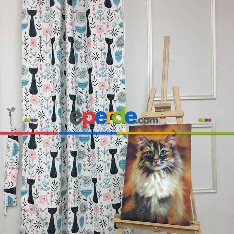 Kedi Desenli Fon Perde Evm720 Kumaşı Kalındır Duck Bezi Değildir- Siyah-Mavi-Beyaz-Pembe Açık
