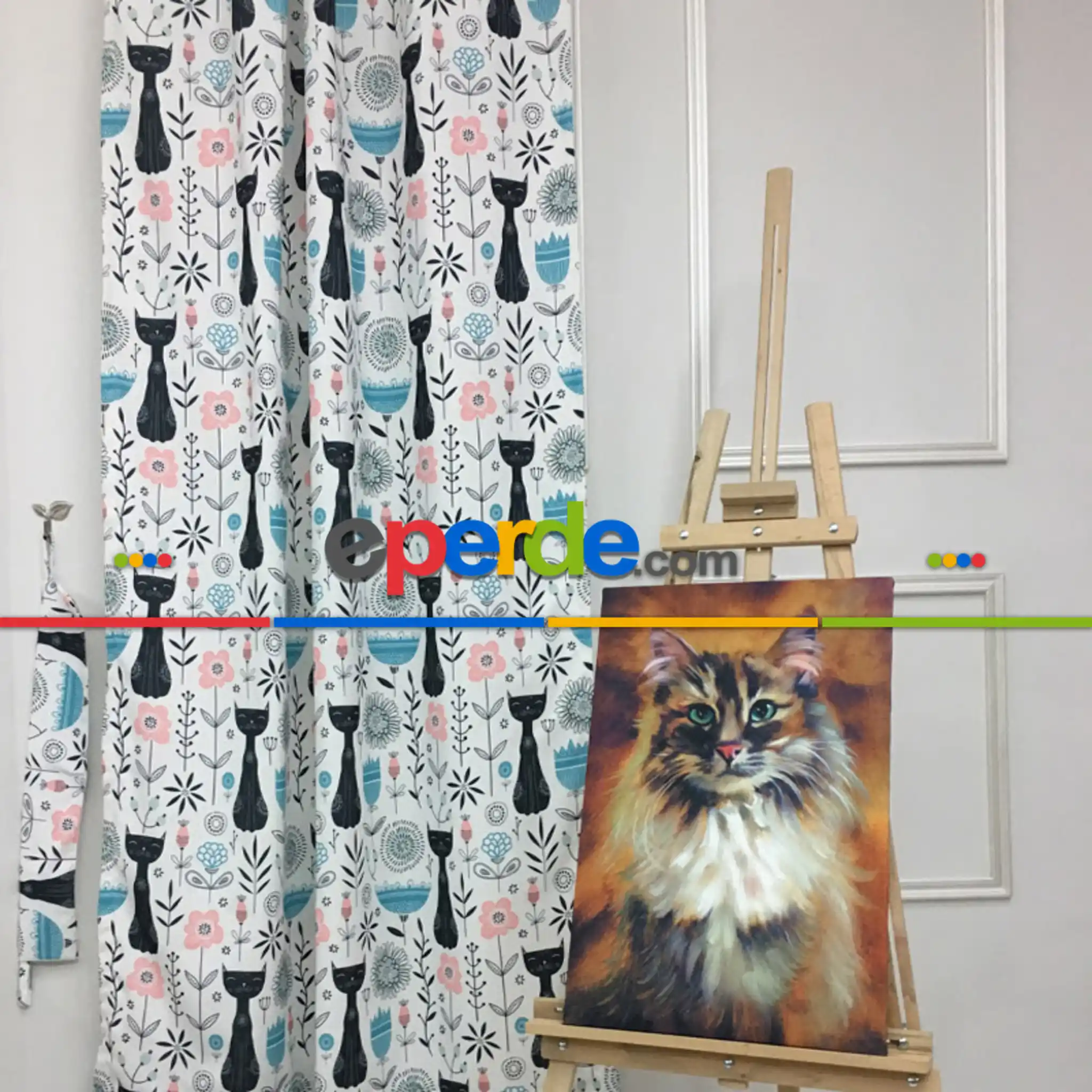 Kedi Desenli Fon Perde Evm720 Kumaşı Kalındır Duck Bezi Değildir- Siyah-Mavi-Beyaz-Pembe Açık
