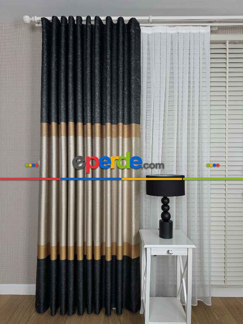 Koyu Antrasit Gri Turuncu Krem Jakar Dokuma Fon Perde, Parlak Zemin