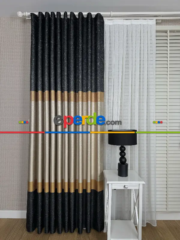 Yatak Odası - Koyu Antrasit Gri Turuncu Krem Jakar Dokuma Fon Perde, Parlak Zemin