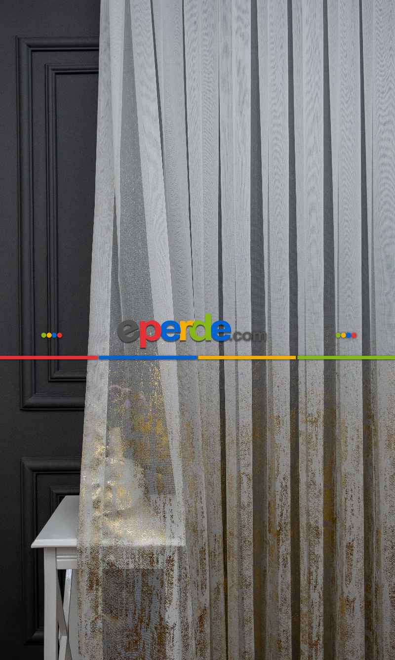 Yatak Odası - Modern Altın Varaklı Keten Tül Perde Yüksek Kalite