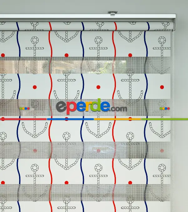 Bebek Odası Zebra Perde - Çapa Desen Baskılı Zebra Perde- Lacivert-Kırmızı