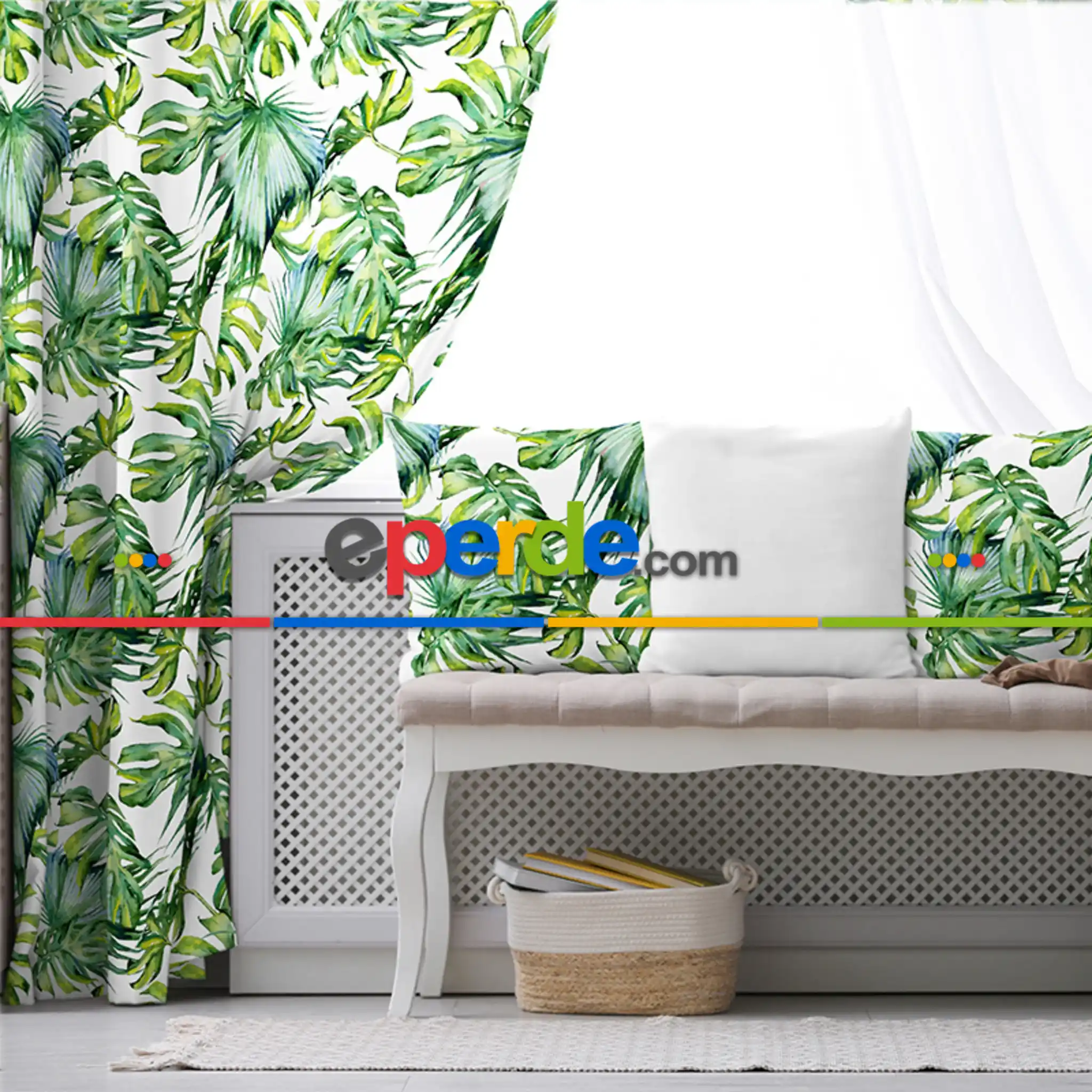 Tropikal Yaprak Desenli Fon Perde Evim226 Kumaşı Kalındır Duck Bezi Değildir- Mavi-beyaz