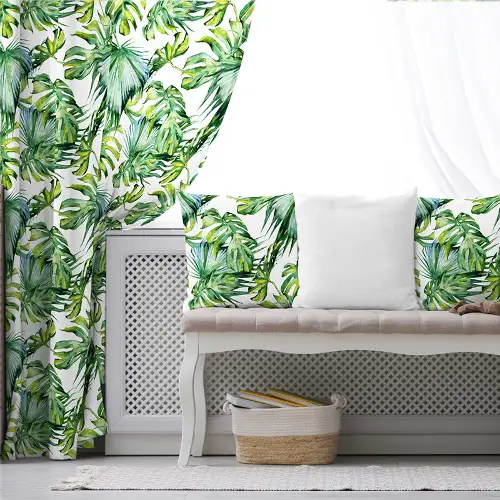 Tropikal Yaprak Desenli Fon Perde Evim226 Kumaşı Kalındır Duck Bezi Değildir- Mavi-beyaz