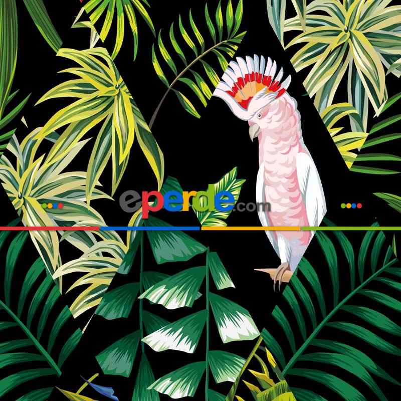 Tropikal Desenli Fon Perde Evm224 -t - Kumaşı Kalındır Duck Bezi Değildir.- Siyah-Yeşil-Mavi-Çok Renkli