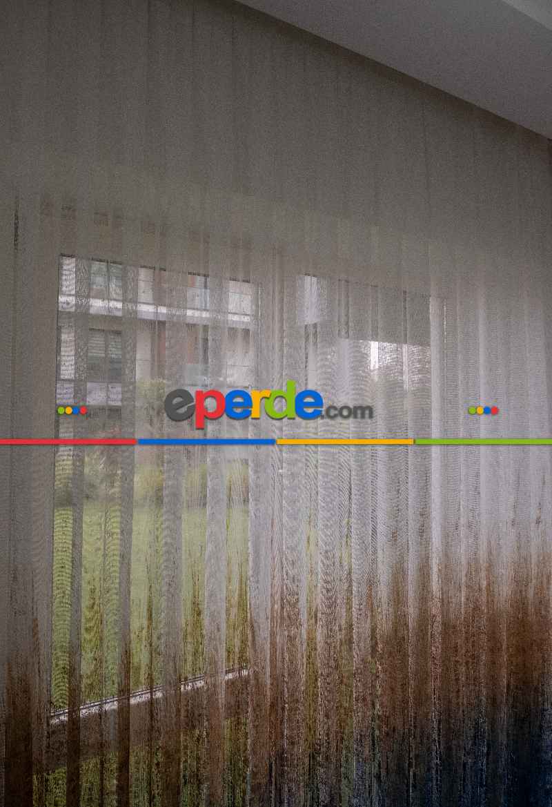 Salon Tül Modelleri - Modern Hardal Ve Mavi Desenli Degrade Geçişli Örme Tül Perde Yüksek Kalite