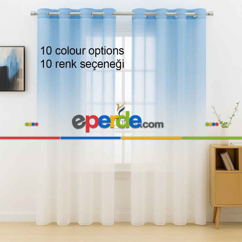 Mavi Renk Renkli Degrade Rustik Tül Perde