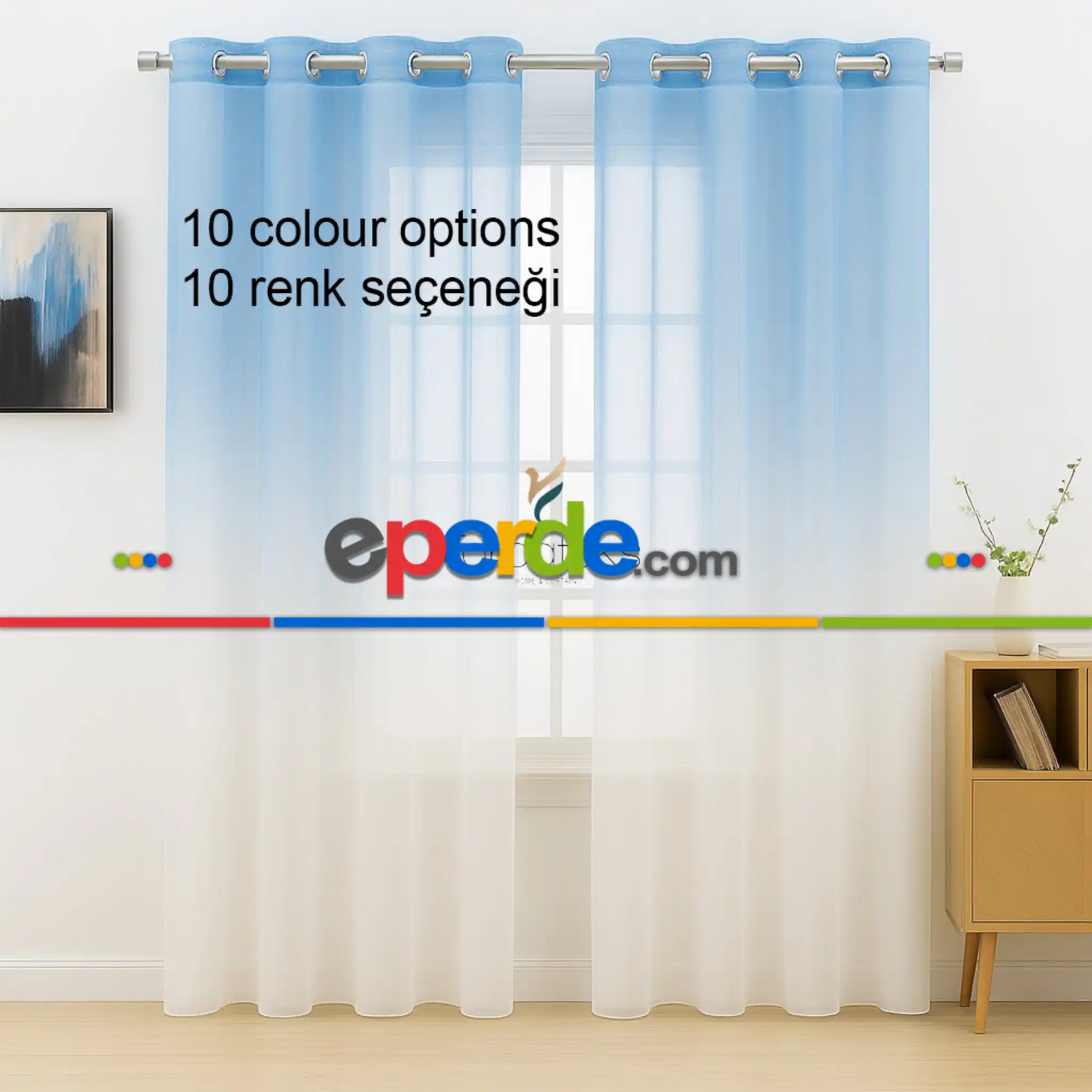 Mavi Renk Renkli Degrade Rustik Tül Perde