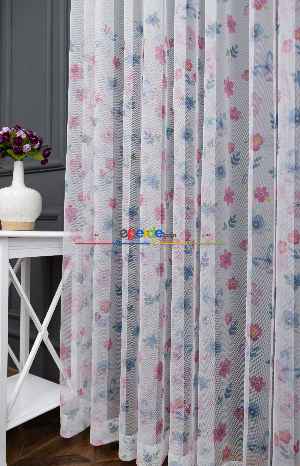 İndirimli Fiyat!! Petek Zemin Pembe Mavi Kelebek Ve Çiçek Desenli Grek Baskılı Sık Pile Tül Perde