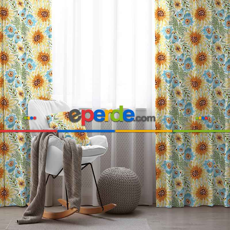 Çiçekli Fon Perde Evim1599 Kumaşı Kalındır Duck Bezi Değildir- Mavi-beyaz