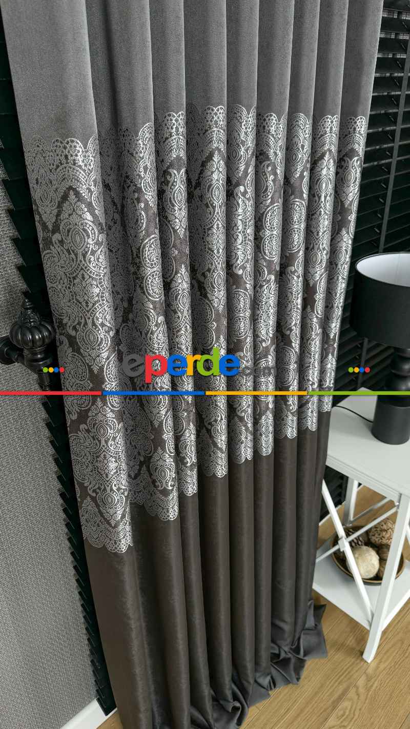 Gri Gümüş Fon Perde, Damask Desenli