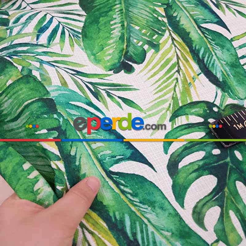 Tropikal Yaprak Desenli Fon Perde Evm1122 Kumaşı Kalındır Duck Bezi Değildir- Yeşil-Beyaz