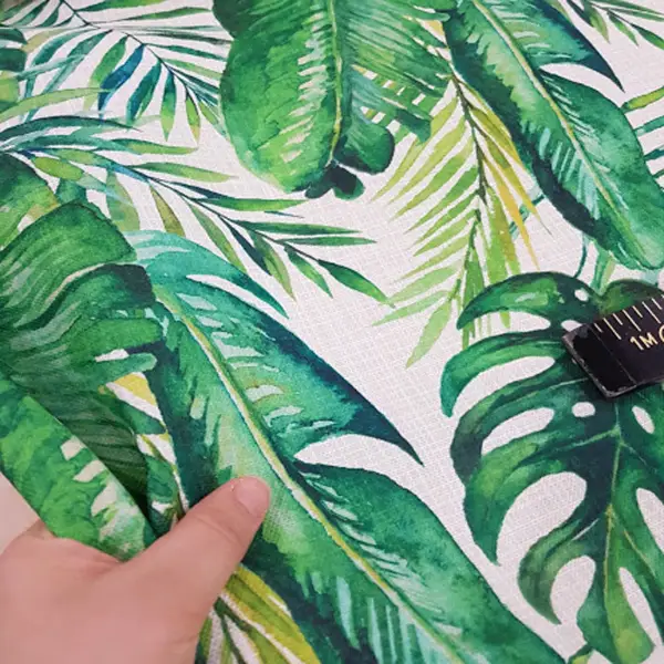 Salon Fon - Tropikal Yaprak Desenli Fon Perde Evm1122 Kumaşı Kalındır Duck Bezi Değildir- Yeşil-Beyaz
