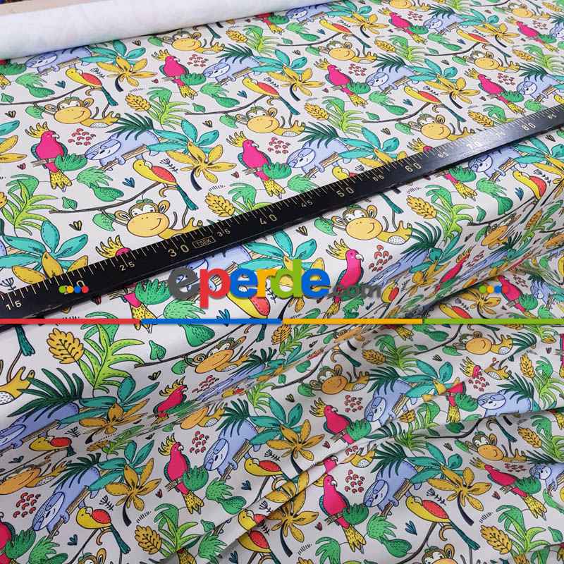 Tropikal Orman Desenli Fon Perde Evm688 Kumaşı Kalındır Duck Bezi Değildir- Yeşil-Beyaz