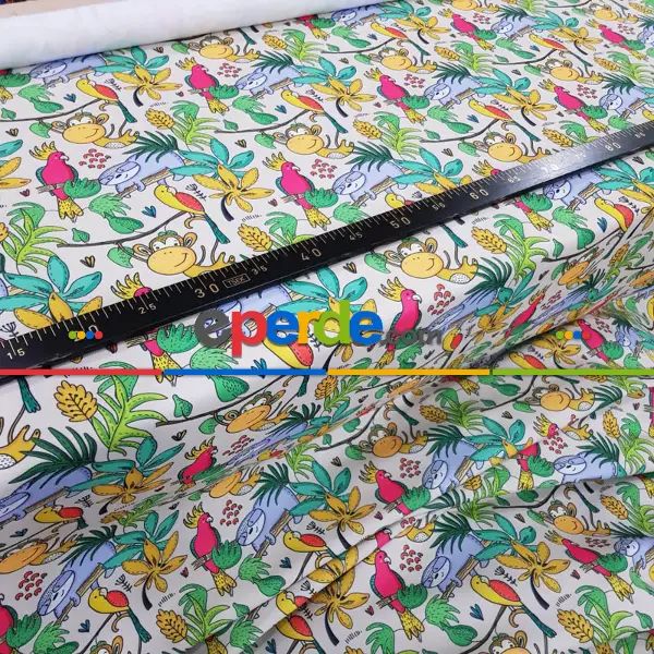 Bebek Odası Fon - Tropikal Orman Desenli Fon Perde Evm688 Kumaşı Kalındır Duck Bezi Değildir- Yeşil