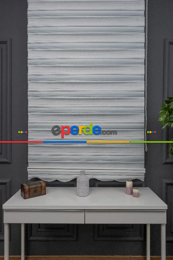 Mavi Krem Gümüş Simli Plise Zebra Perde