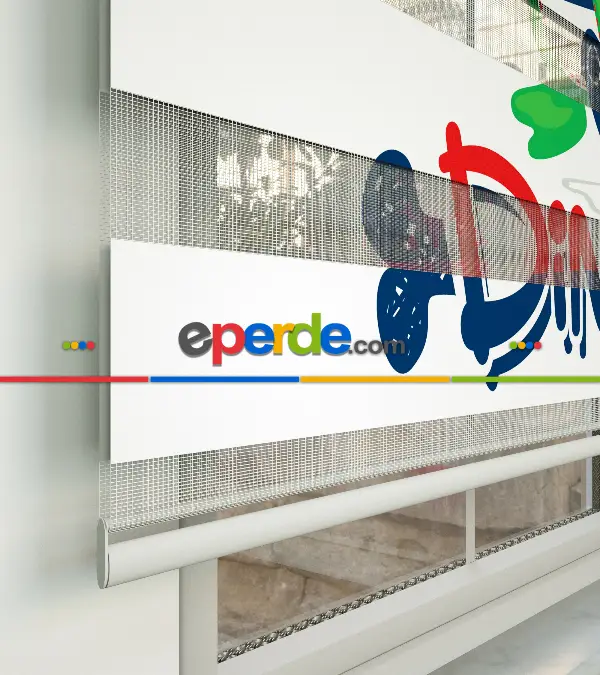 Dinazor Desenli Özel Baskılı Zebra Perde- Çok Renkli