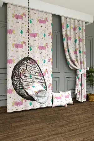 Dökümlü Kumaştan Çocuk Odası - Unicorn Ve Peri Baskılı Fon Perde