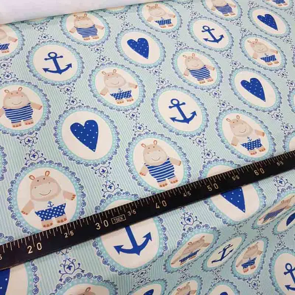 Bebek Odası Fon - Çapa Ayıcık Ve Kalp Desenli Fon Perde Evm1098 Kumaşı Kalındır Duck Bezi Değildir- Beyaz