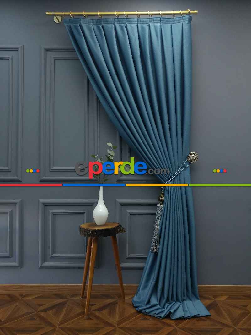 Saon Perdesi - Modern Keten Görünümlü Işık Geçirmez Karatma Fon Perde 2021 Ikon- Mavi Koyu